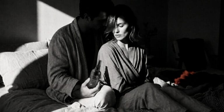 How to do a couples massage at home with massage oil in a softly lit bedroom
