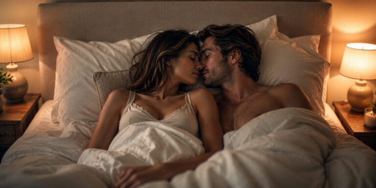 Couple lying close together in bed, showing emotional and physical intimacy in a relationship