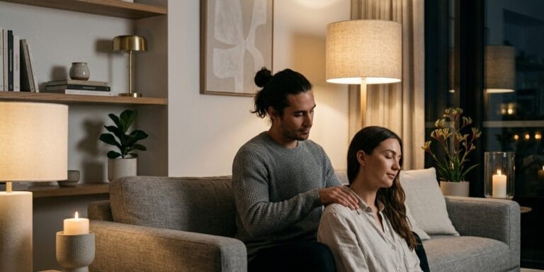 Couple demonstrating how to keep the spark alive in a relationship through massage and quiet touch