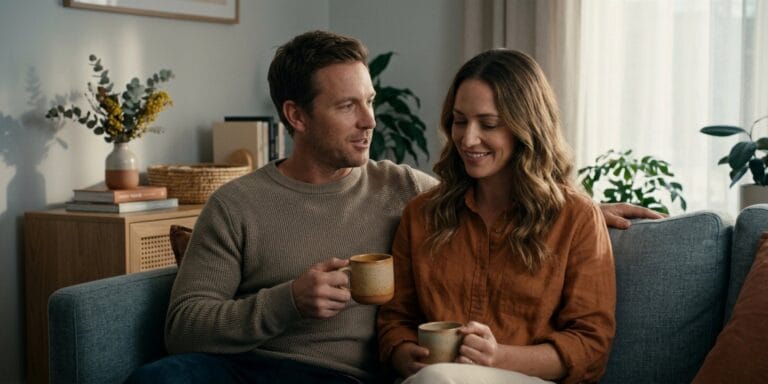 Couple having a warm conversation at home while exploring questions to ask your partner for deeper connection