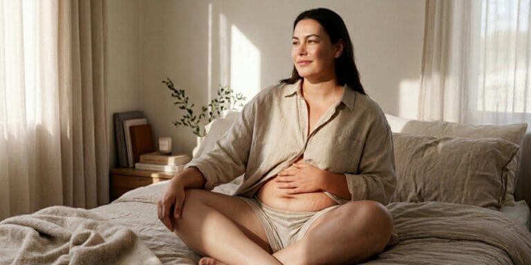 Soft bedroom scene representing body confidence and intimacy through comfort, scent, touch and emotional connection