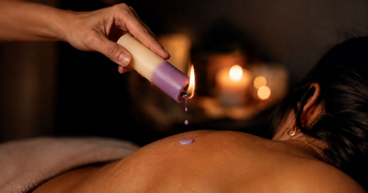 Guide on how to use wax play candles safely showing temperature testing on skin