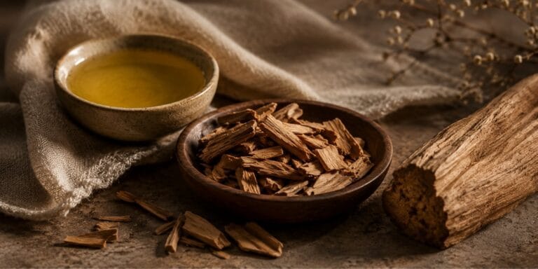 Sandalwood essential oil uses and benefits in massage oil blends, shown with sandalwood chips and oil