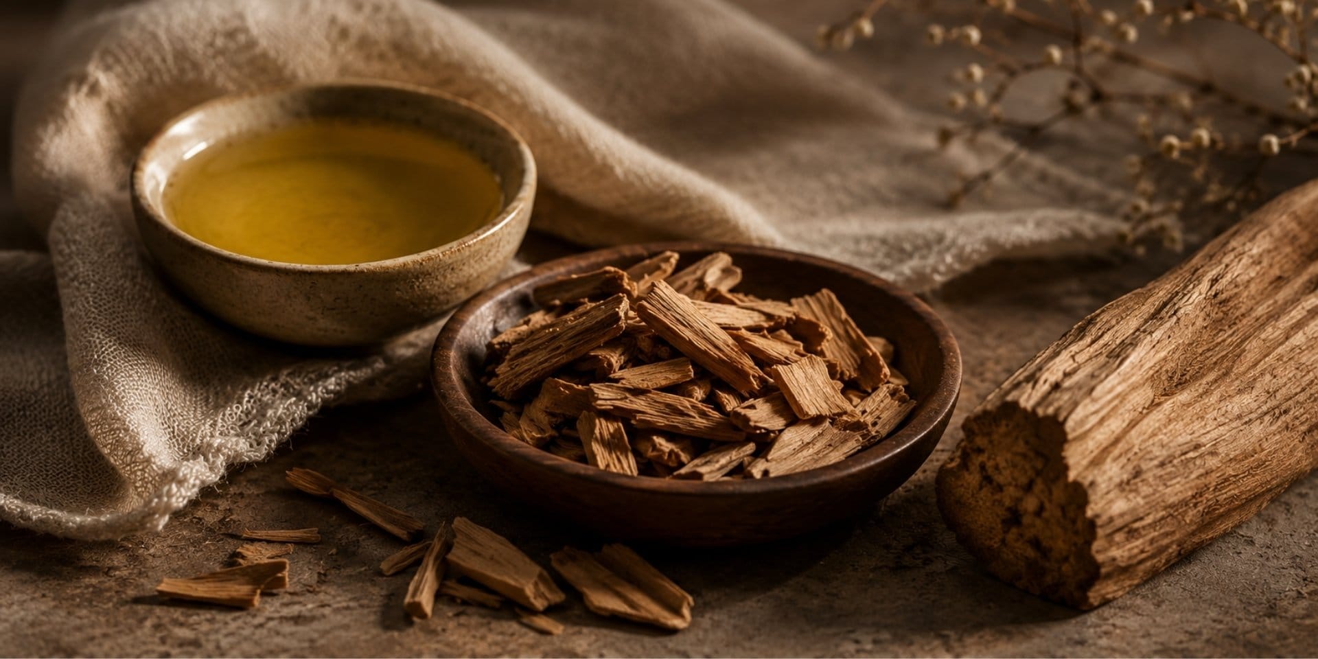 Sandalwood essential oil uses and benefits in massage oil blends, shown with sandalwood chips and oil