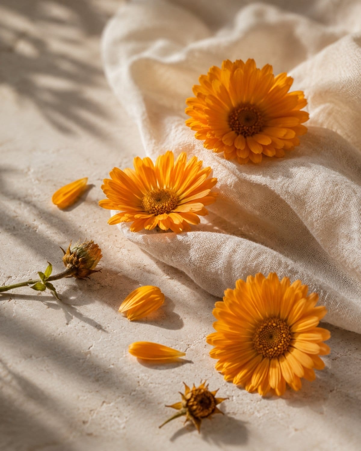 Golden calendula flowers arranged on natural linen.