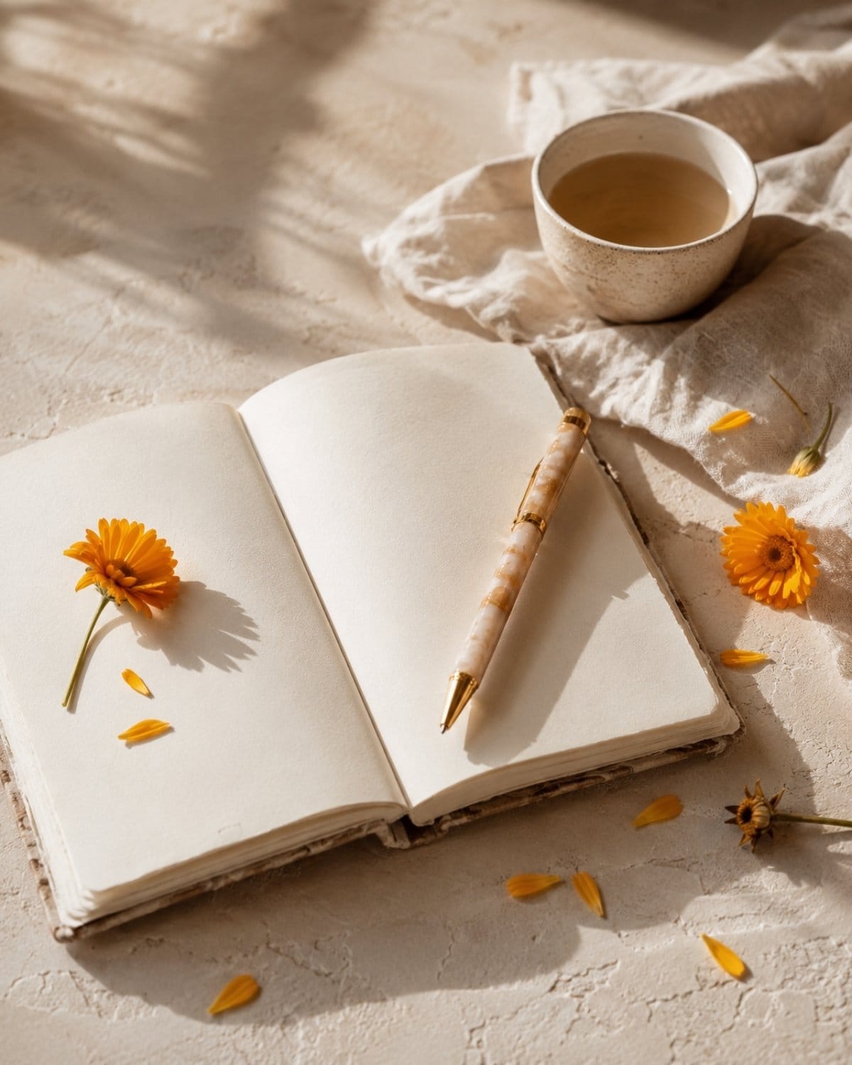 Open notebook and pen beside a cup in soft natural light.
