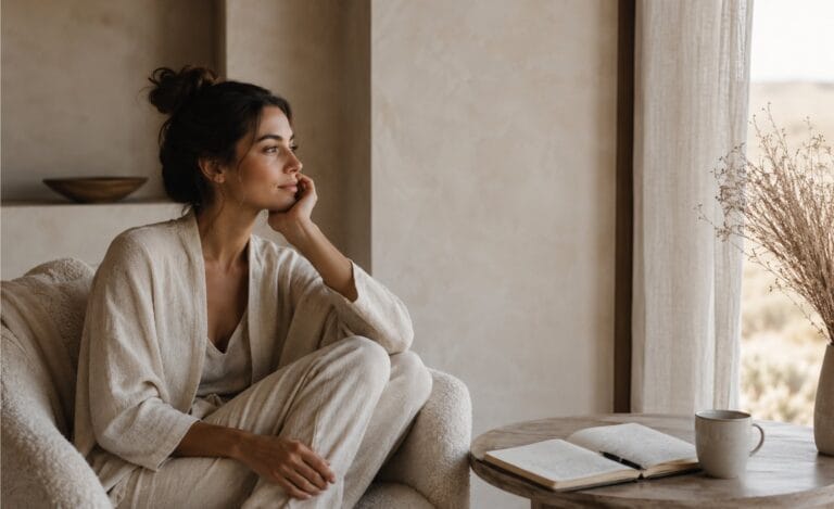 Woman seated in warm natural light beside an open journal, reflecting quietly.