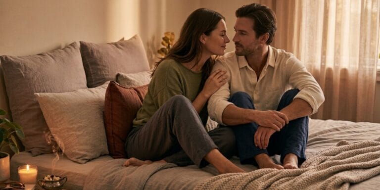 Couple sharing a relaxed intimate moment for a guide on how to last longer in bed