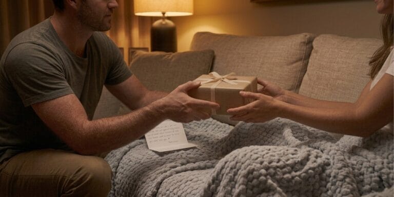 Couple exchanging an intimate gift at home