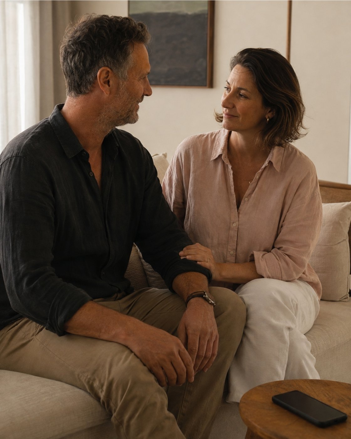 A couple sitting close together in warm natural light with a phone set aside.