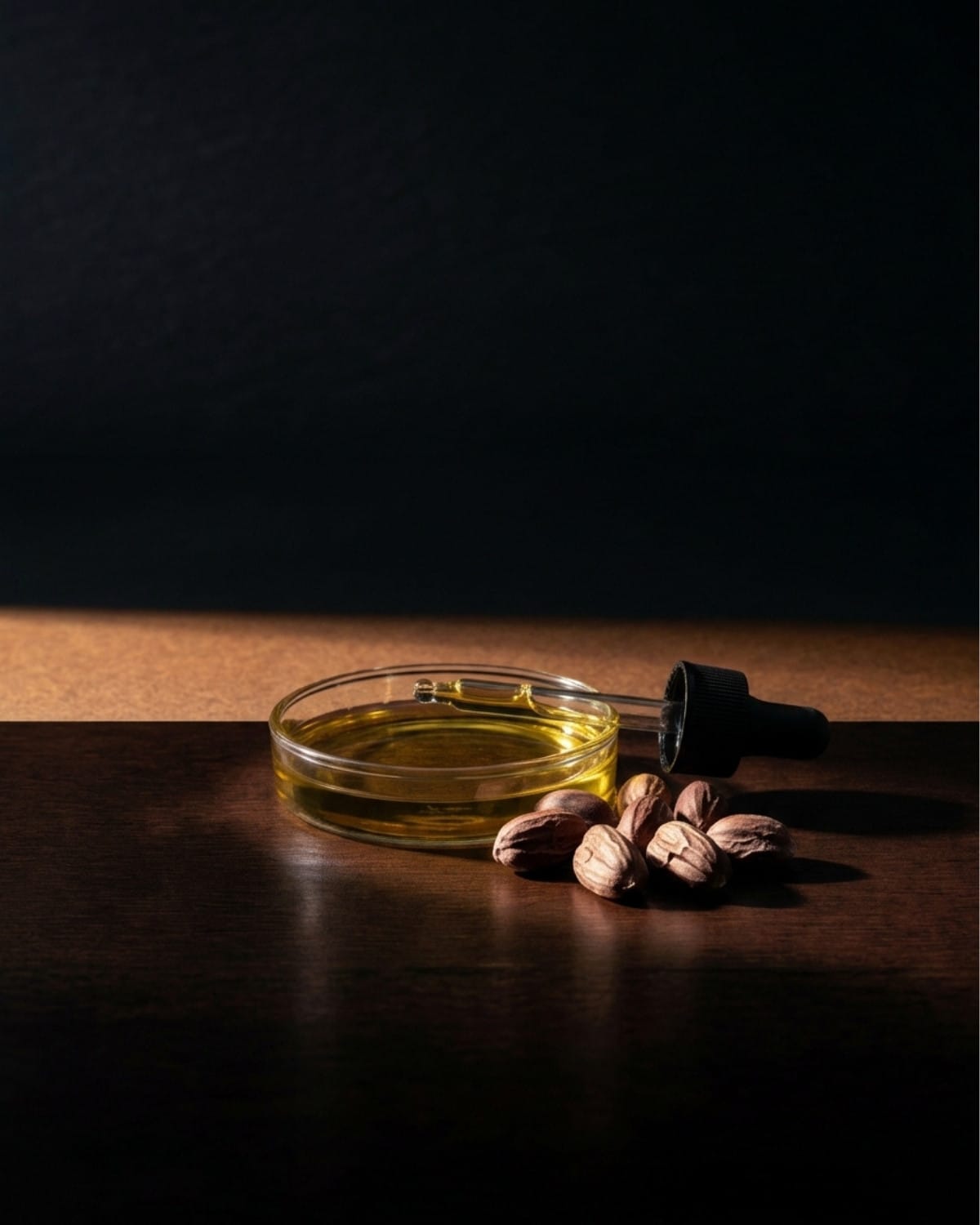 Jojoba oil with jojoba seeds in warm natural light