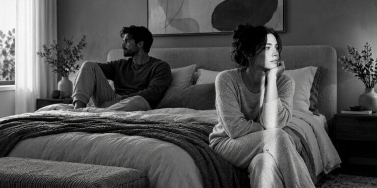 No intimacy in a relationship, shown by a couple sitting apart on a bed