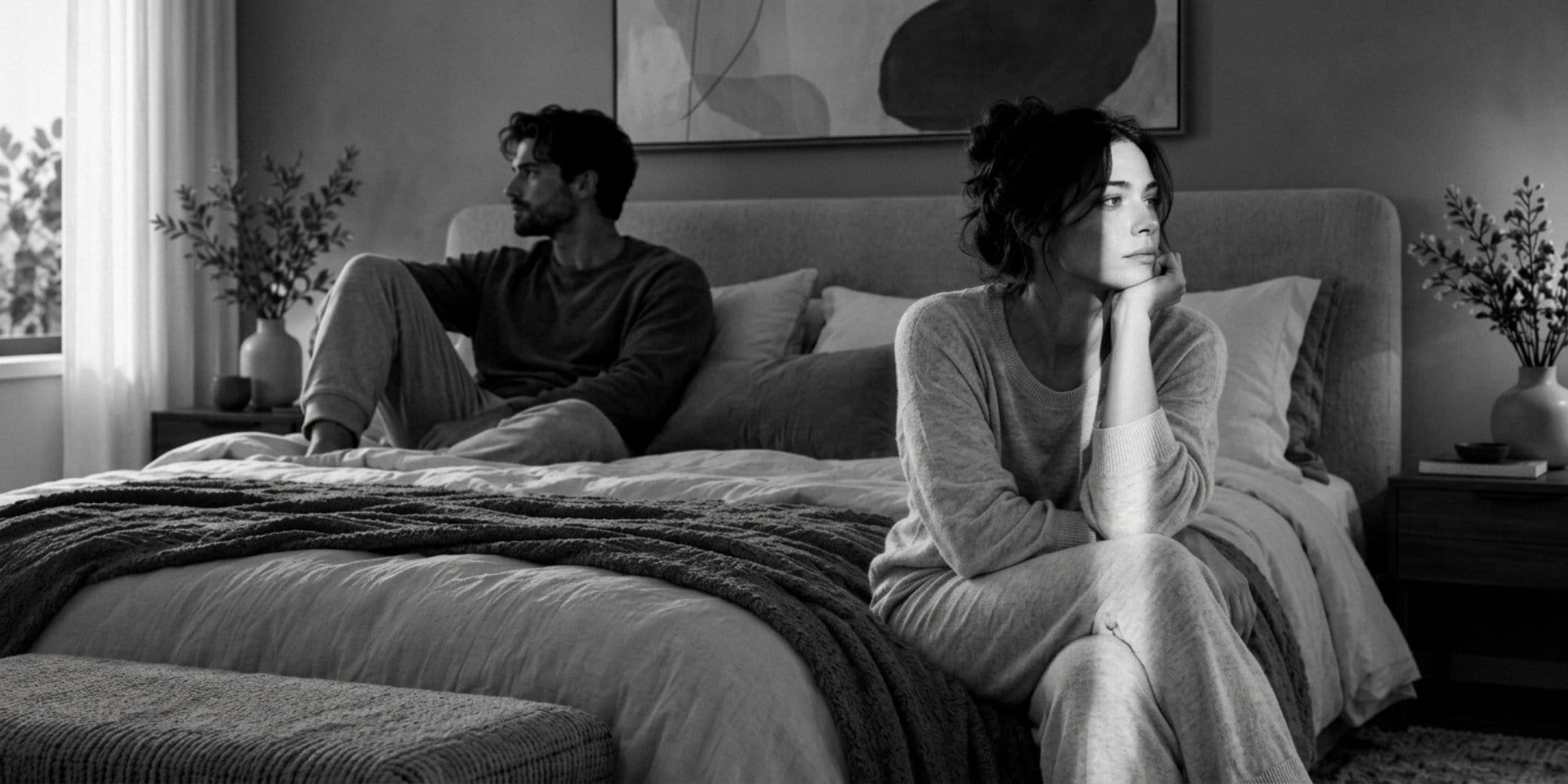 No intimacy in a relationship, shown by a couple sitting apart on a bed